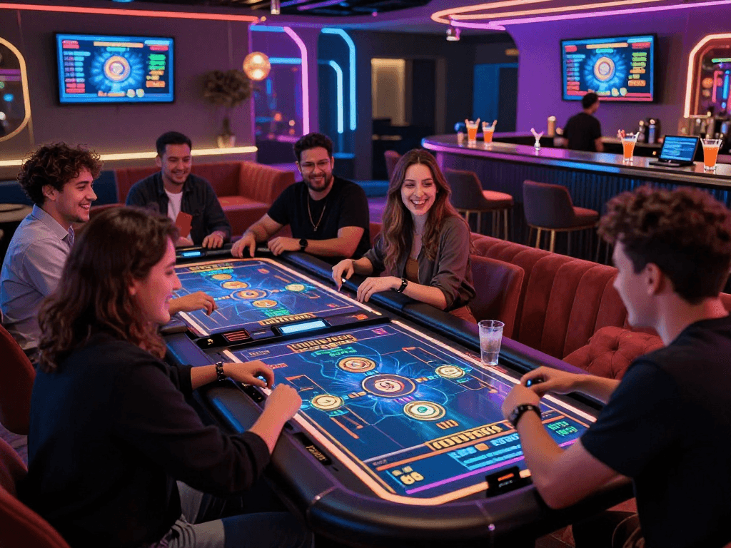 Exciting crypto casino gaming session with players around futuristic holographic tables.