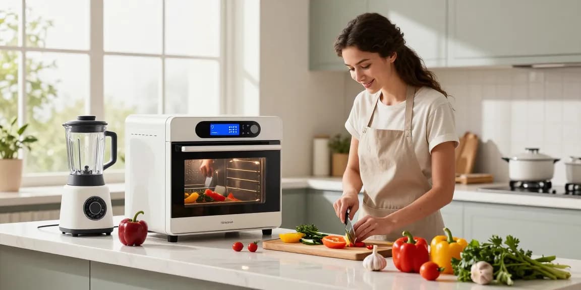 AI cooking gadgets in action, showcasing a chef using innovative kitchen tools amidst fresh ingredients