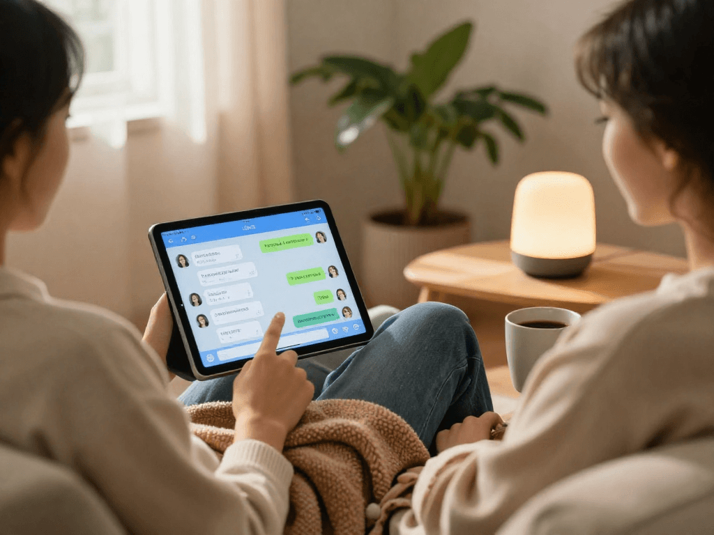 Engaging moment between a user and an AI girlfriend on a tablet in a cozy living room.