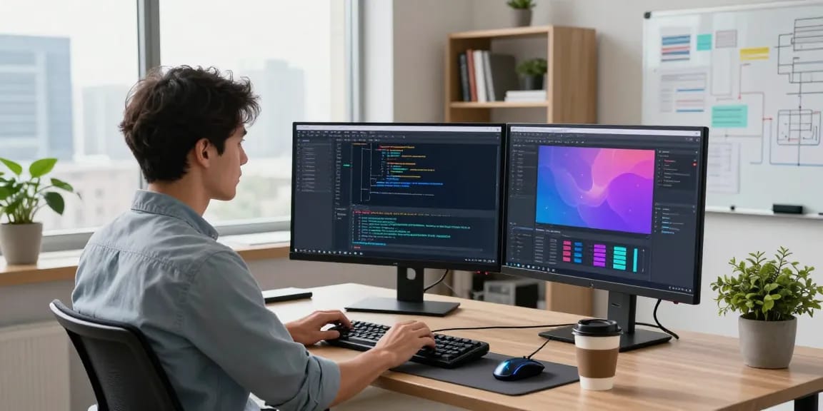 Developer using MiraviGLP coding tools in a modern workspace.