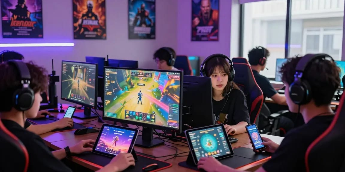 Engaged gamers enjoying diverse online porn games on various devices in a modern gaming room.