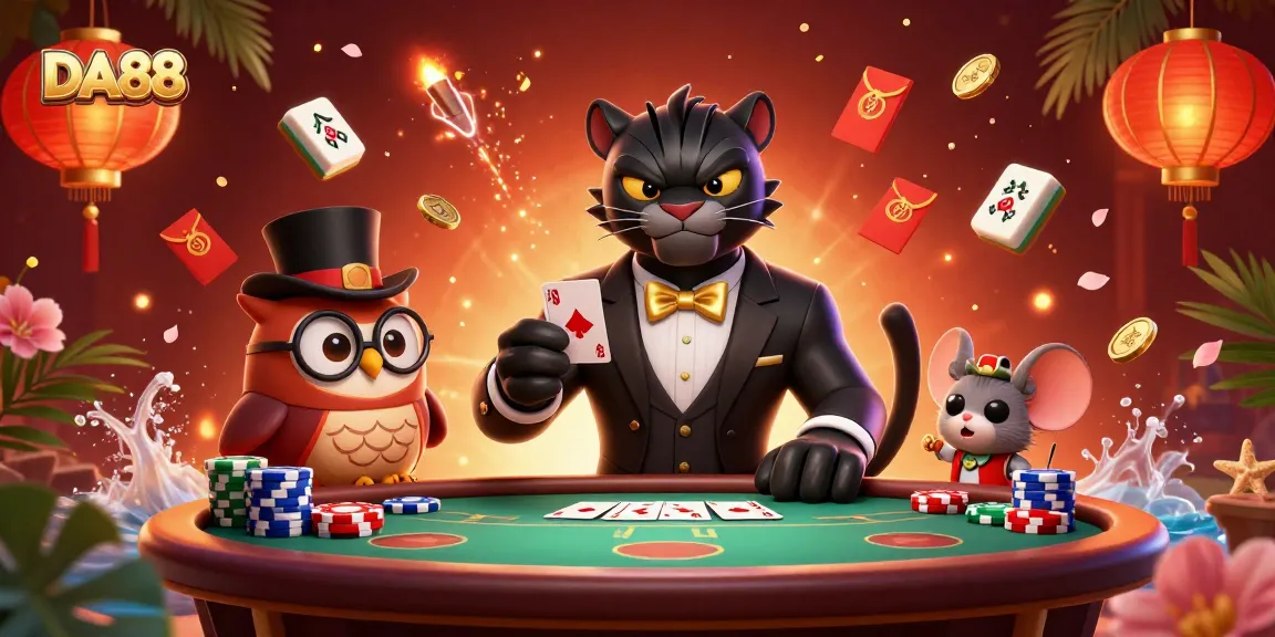 Engaging illustration of DA88 featuring a stylish panther dealing cards at a vibrant casino scene.