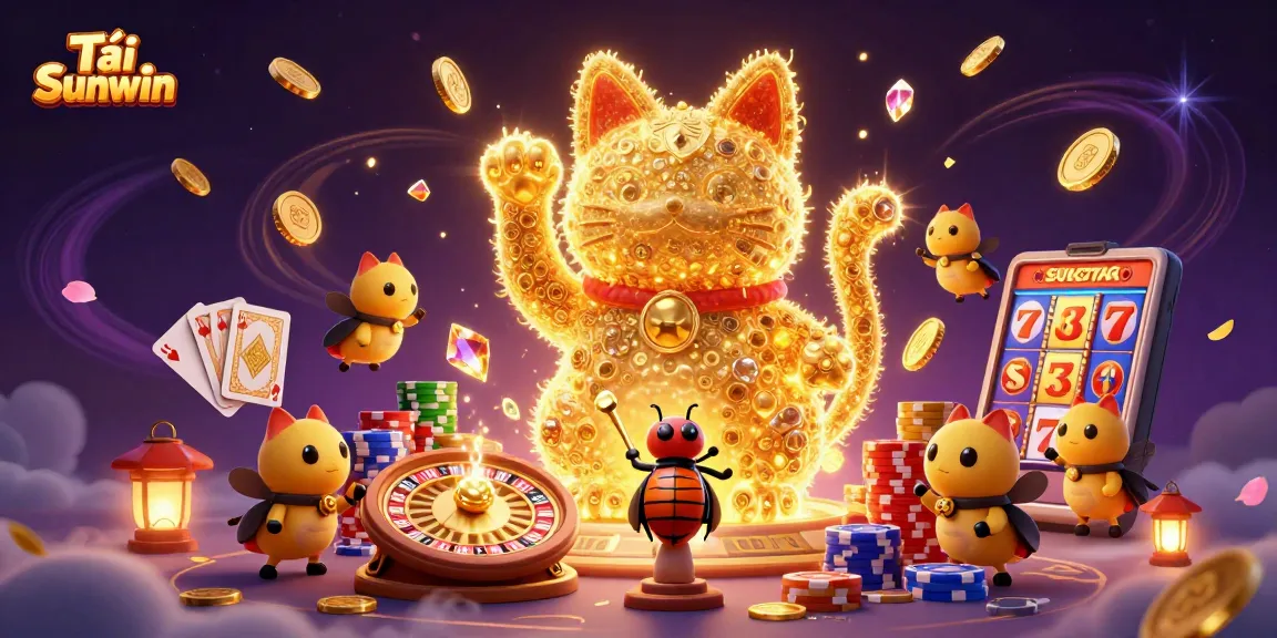 Experience Tải Sunwin with vibrant casino symbols, golden fireflies, and roulette elements in a dynamic 3D illustration.