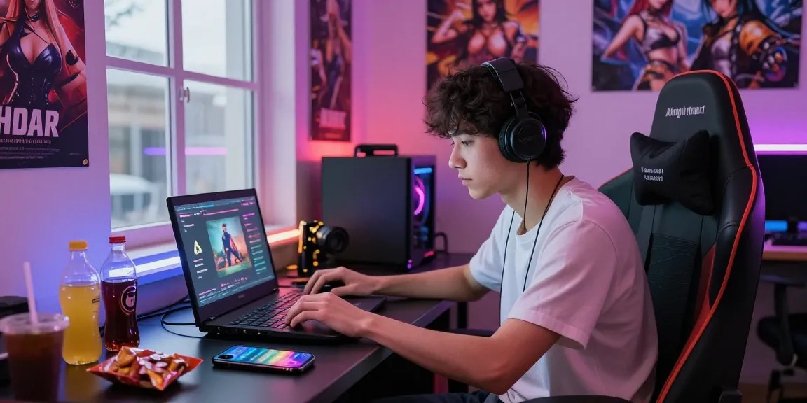 Engaged gamer playing AI hentai games in a vibrant urban gaming setup with LED lights and gaming gear.