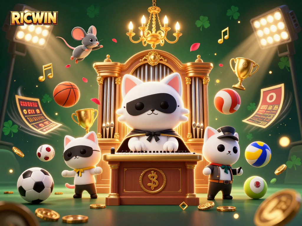 RICWIN brings vibrant energy to this 3D scene with a white phantom cat and an acrobat mouse.