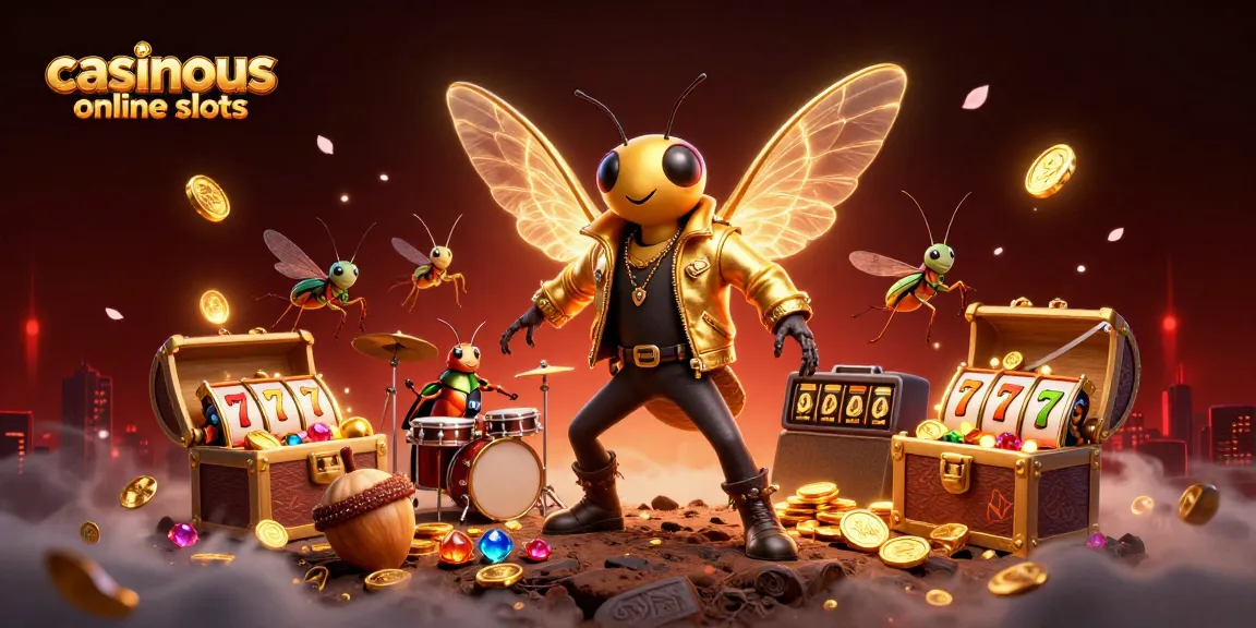 Experience the thrill of casinous online slots with a lively scene featuring a cicada rock star and vibrant slot elements.