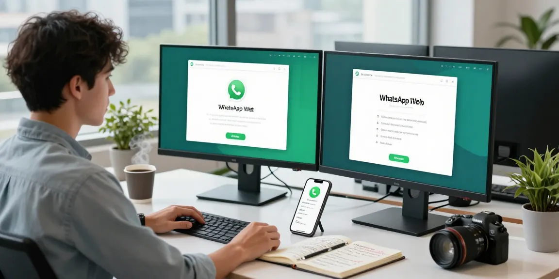 Professional using WhatsApp網頁版 on dual monitors in a modern office setting.