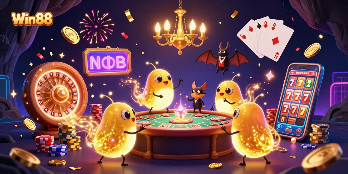Win88 lights up the casino with glowworms and a bat dealer in a vibrant 3D scene full of gaming action.