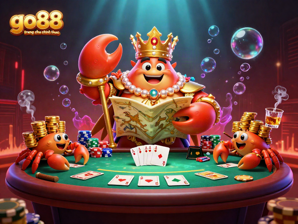 Enjoy the vibrant scene at go88 trang chu chinh thuc featuring a golden crab emperor and poker action.