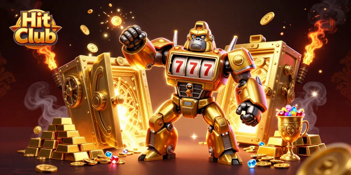 Experience the thrilling Hit Club casino adventure with vibrant treasures and dynamic gambling action in this illustration.