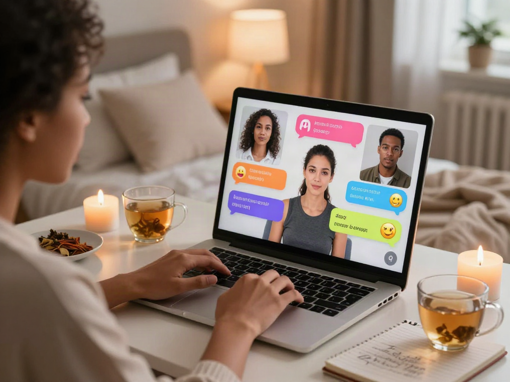Engaging sex chat AI interaction in a cozy bedroom setting, showcasing diverse individuals in conversation.