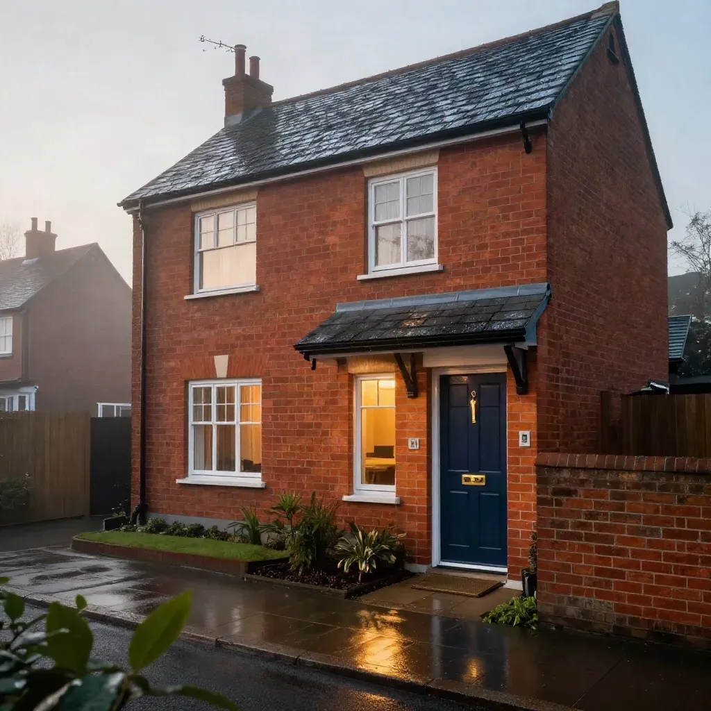 Red-brick semi-detached home at dawn with a brass key in the front door lock