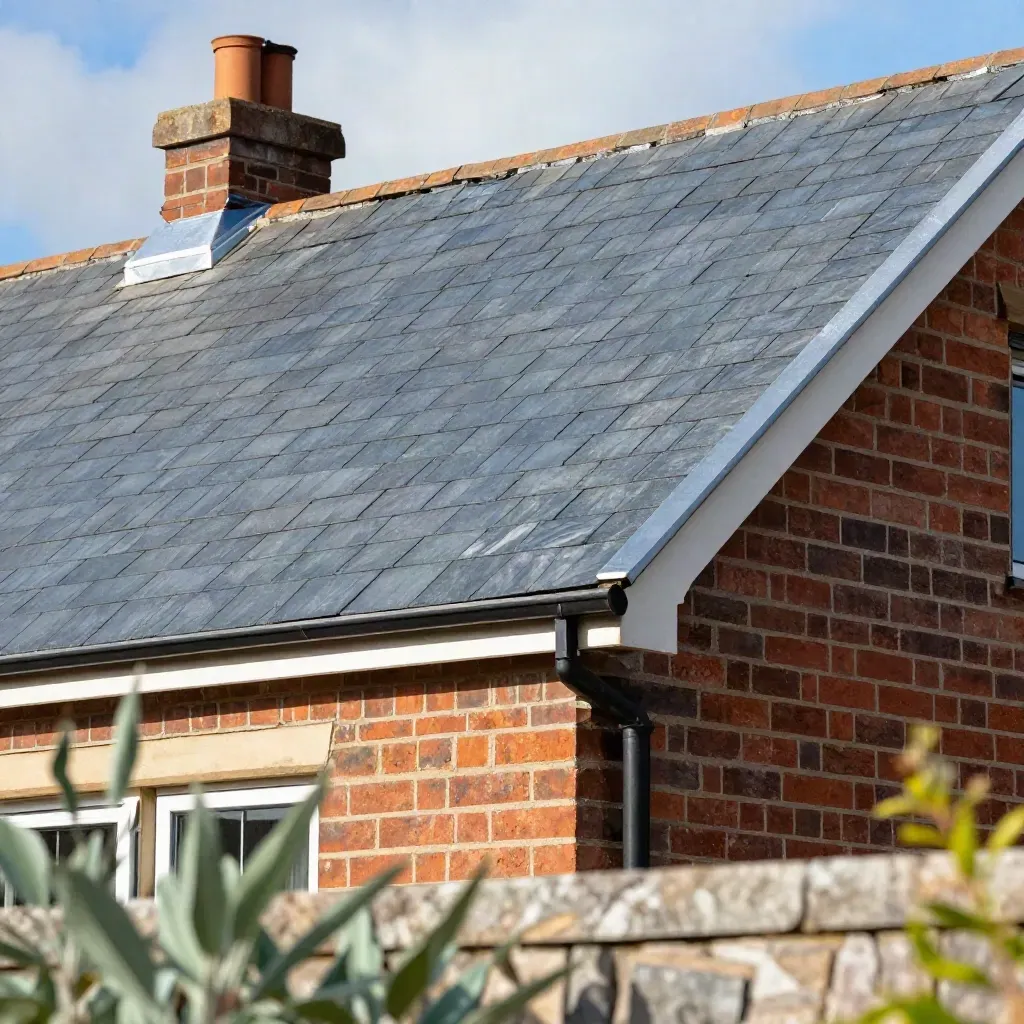 Low garden view of a finished brick house roof with new slate tiles and silver flashing.