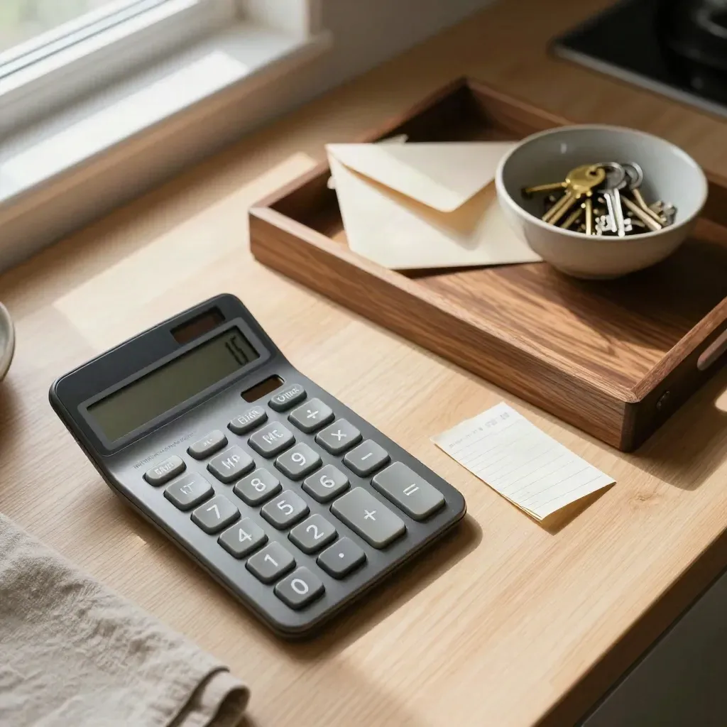 Calculator, keys, envelope and budgeting tray on a sunlit kitchen worktop.