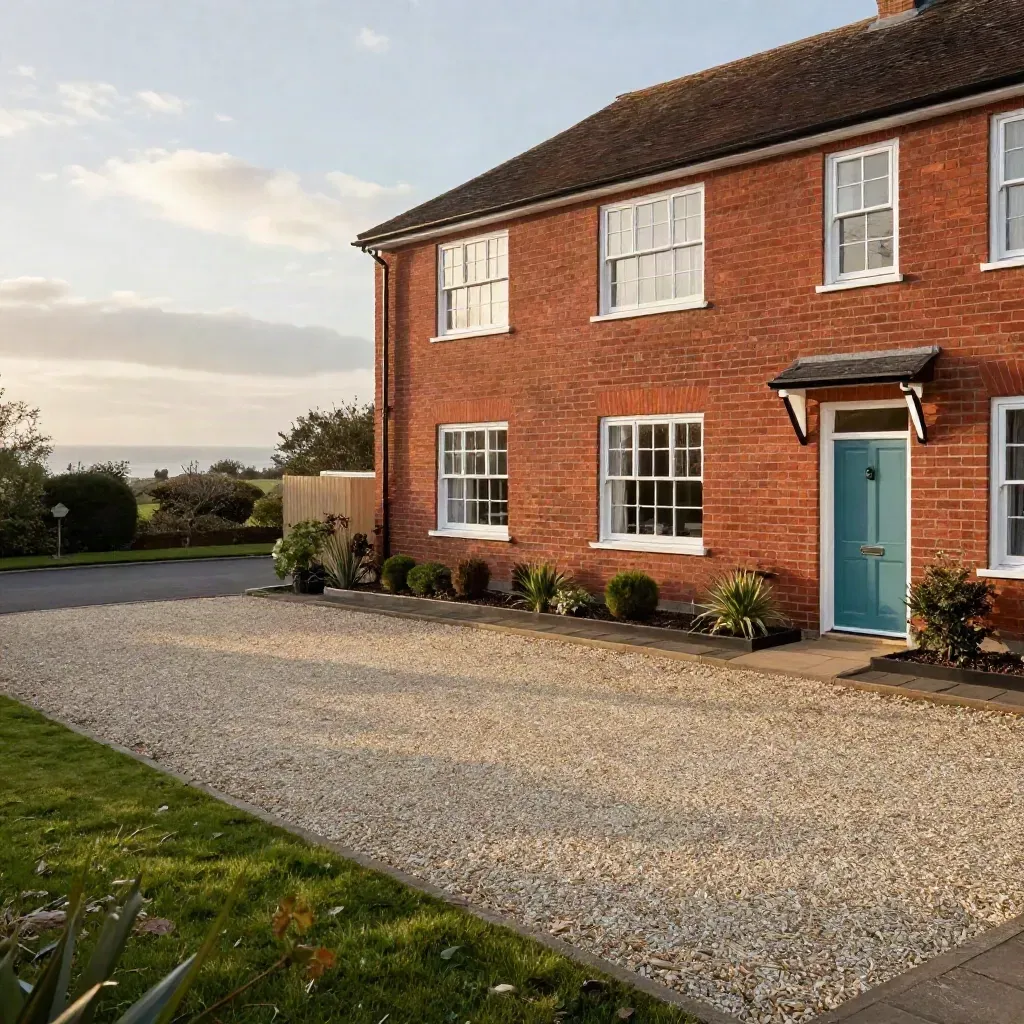 Kent semi with a fresh driveway, brighter windows and a tidy garden edge in warm late light.