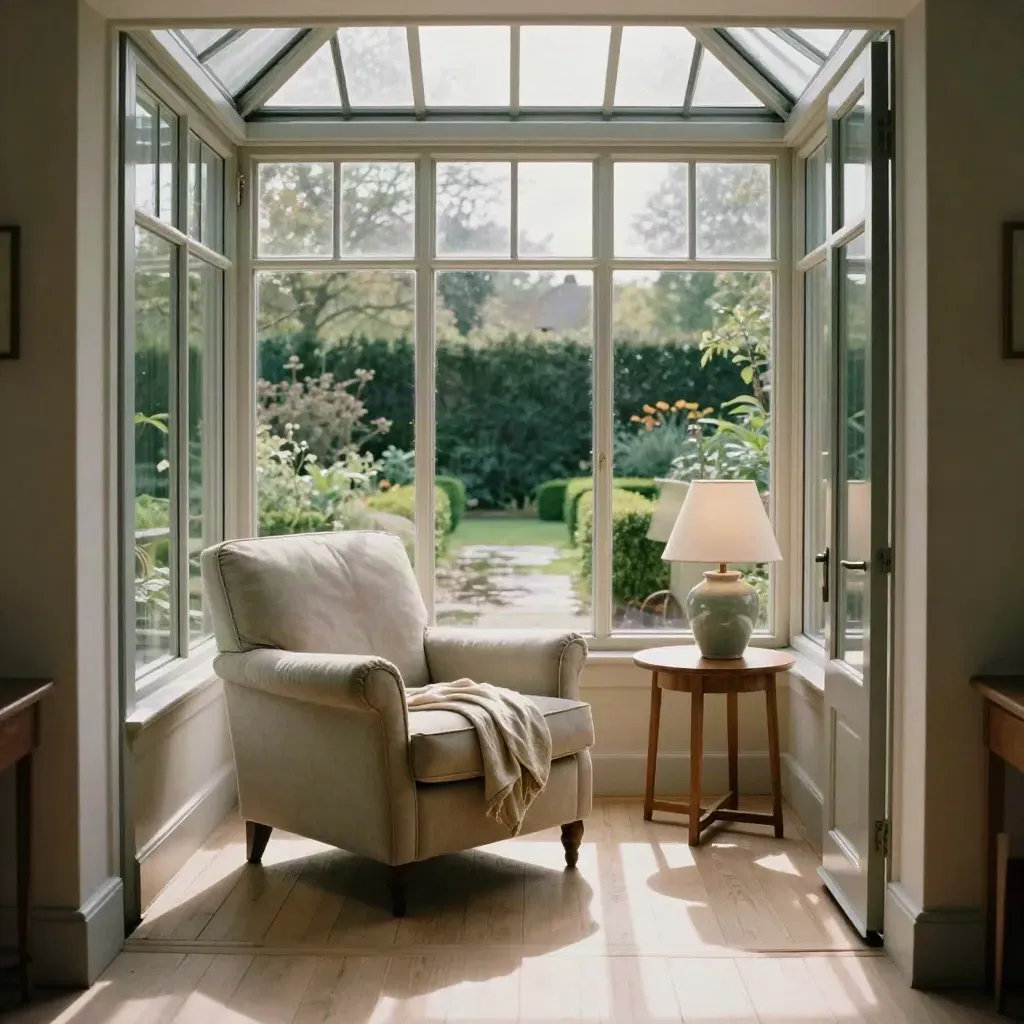 Sunlit bungalow conservatory with an armchair, linen throw, and garden view.