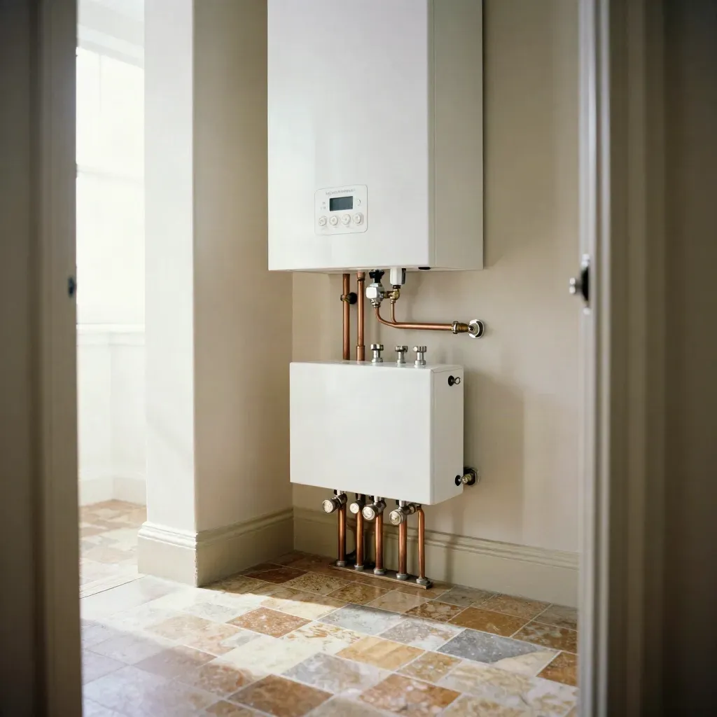 Bright Bristol hallway and utility corner with updated heating controls and tidy pipework.