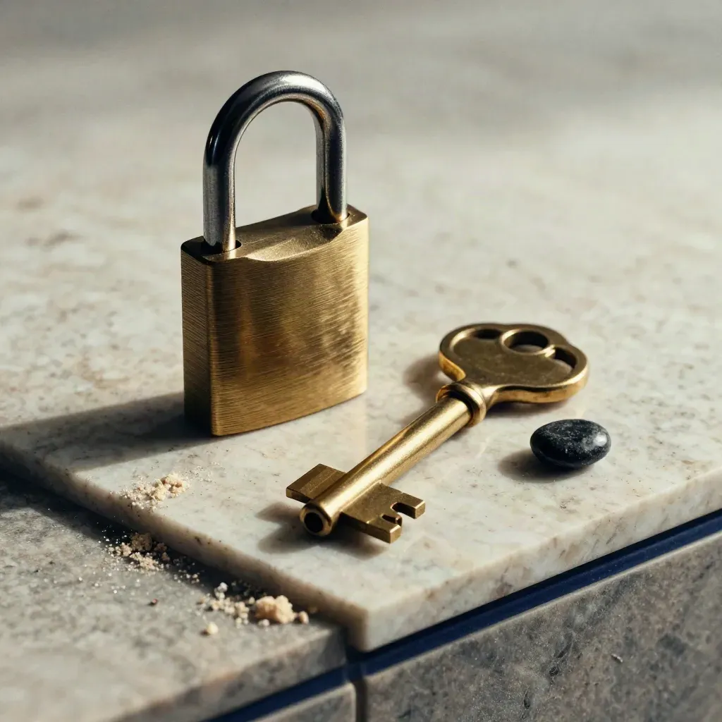 Lock cylinder, brass key, and travertine slab in a premium still life
