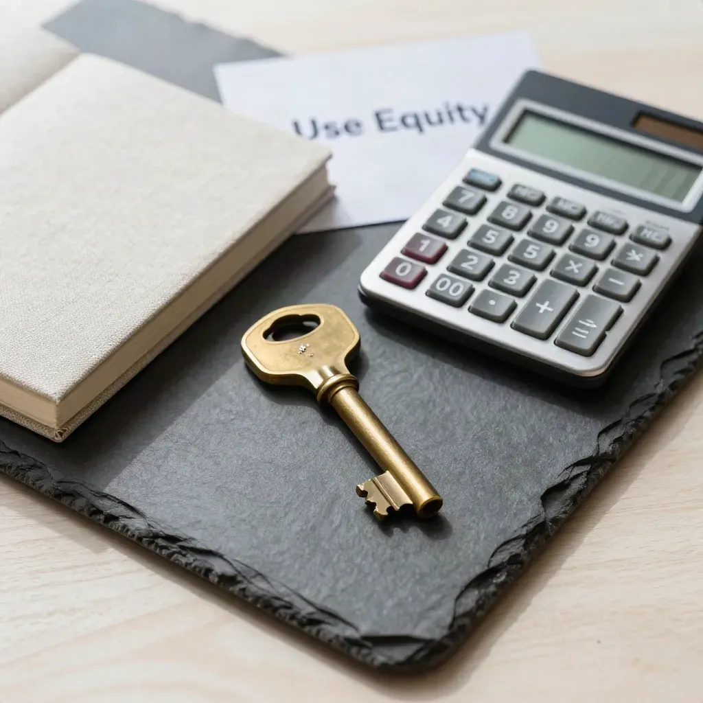 Overhead tray with brass key, calculator, and linen notebook on pale wood