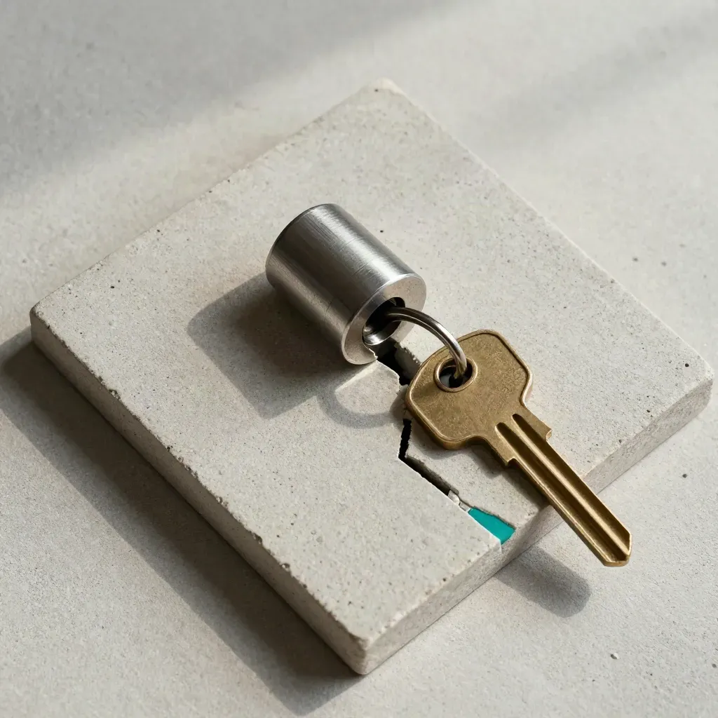 Overhead still life of a lock cylinder, house key and textured tile on concrete with teal accent.