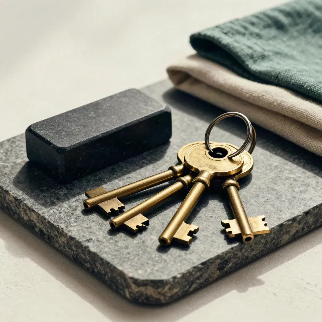 Brass keys, keyring and stone weight on a limestone tray with a muted emerald cloth.