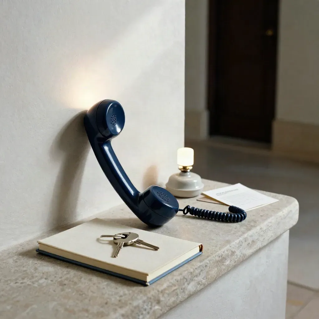 Hallway nook still life with handset, keyring, notebook and lamp base on a stone ledge.