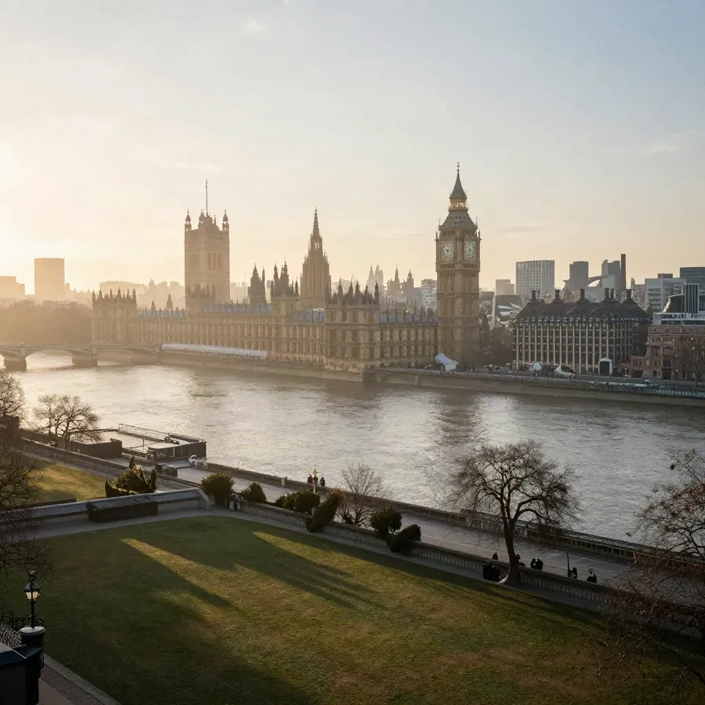 London skyline at sunrise over the Thames, warm haze and calm river foreground