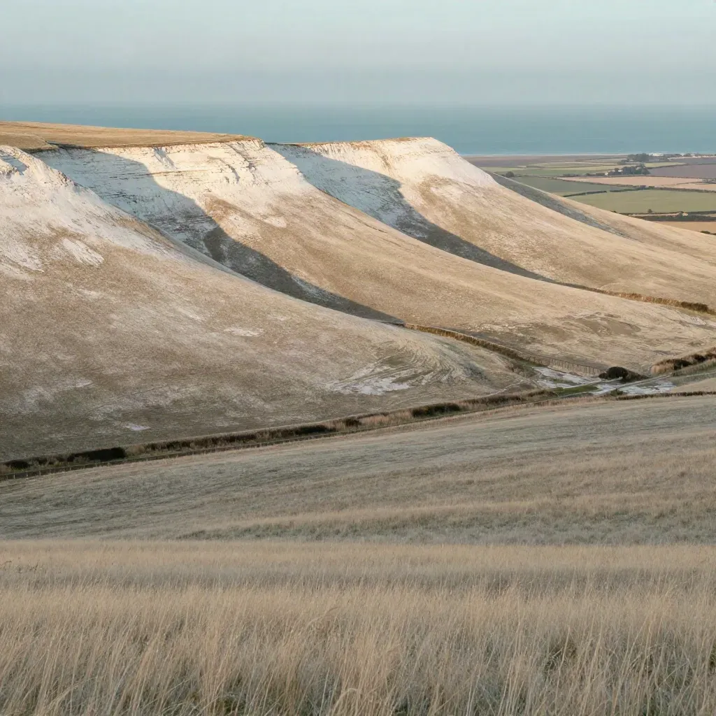 Chalk downs above a misty South East England coast with open field space below