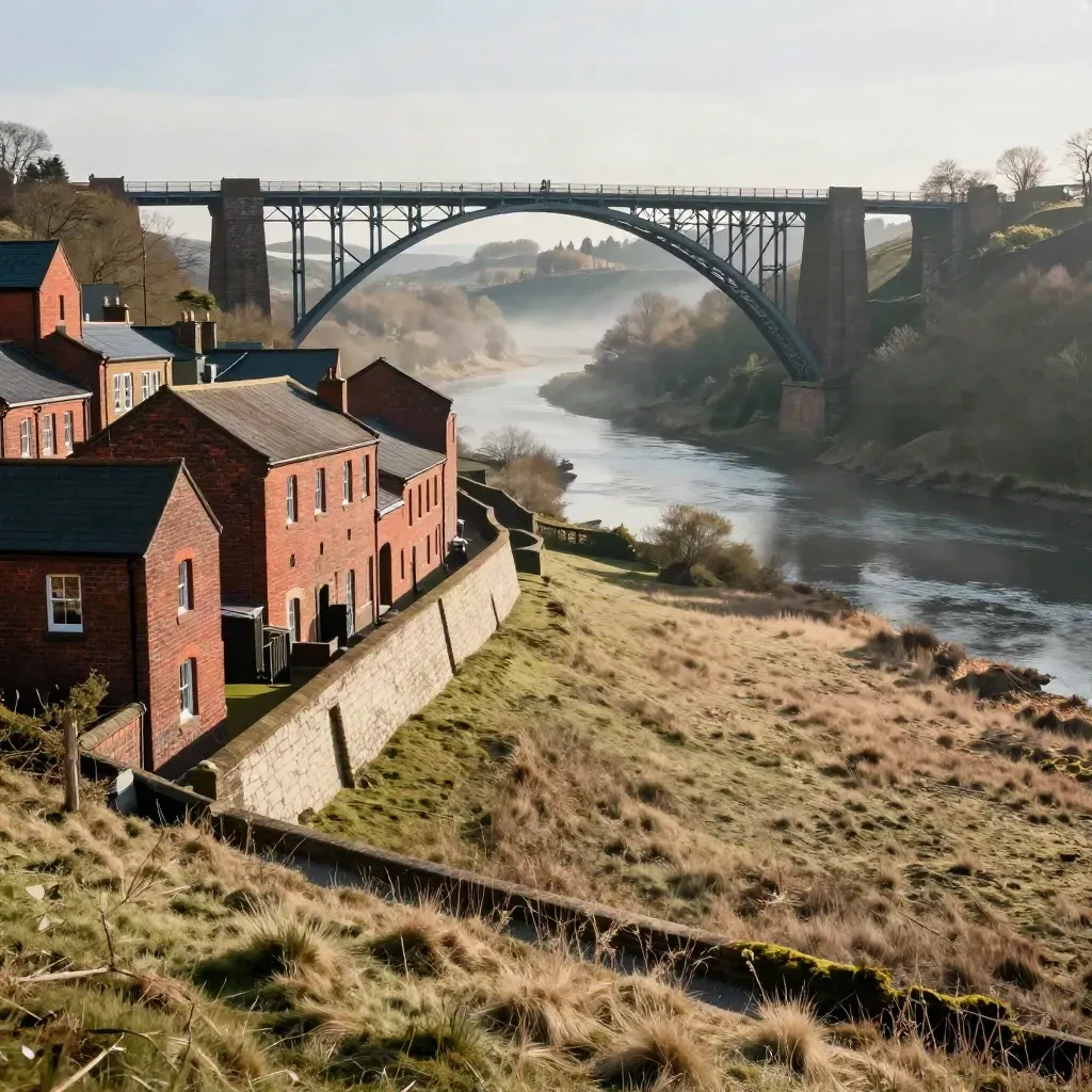 Ironbridge Gorge panorama with brick terraces and a misty river valley under warm sun.