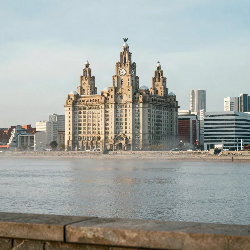 Liverpool waterfront with the Three Graces above a calm misty Mersey
