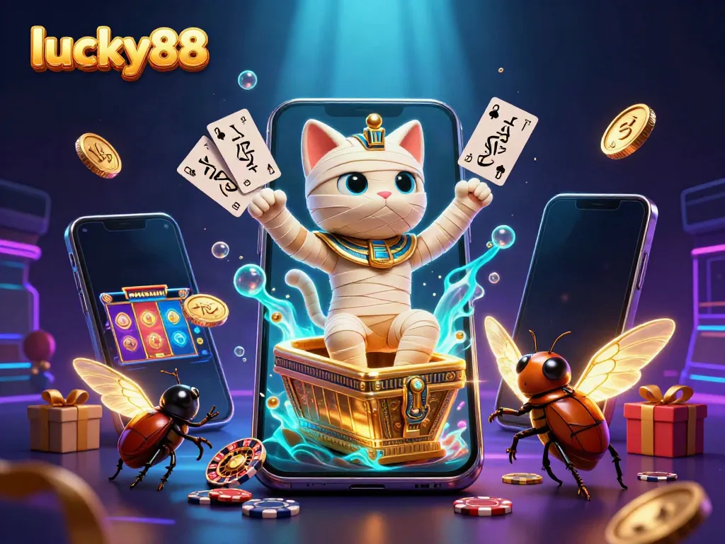 Join the thrilling action of lucky88 with a mummy cat and scarab beetle in an exciting casino scene.
