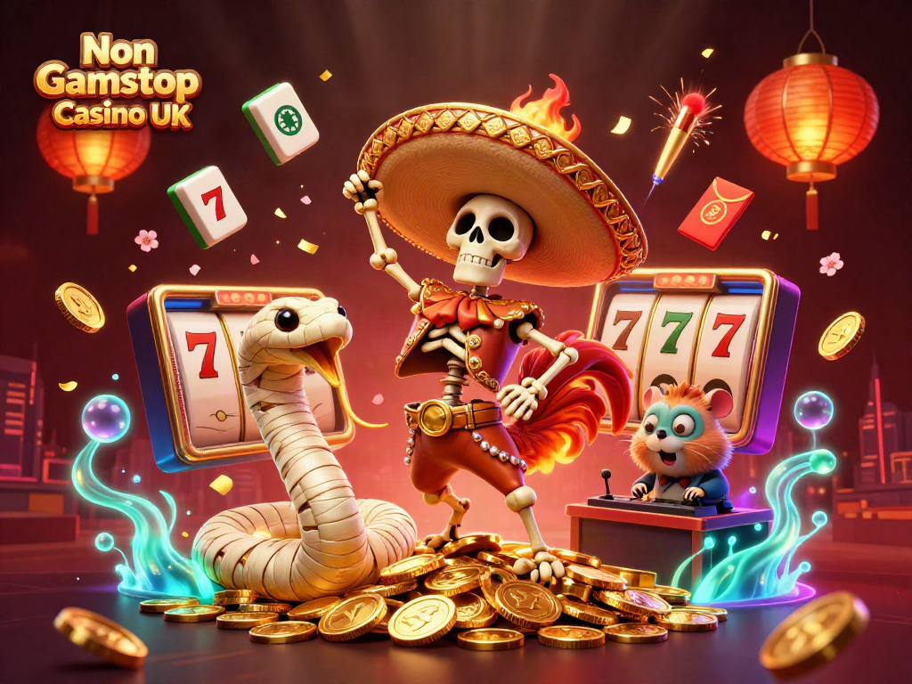 Experience the vibrant world of Non Gamstop Casino UK with a lively 3D skeleton mariachi rooster and casino games.