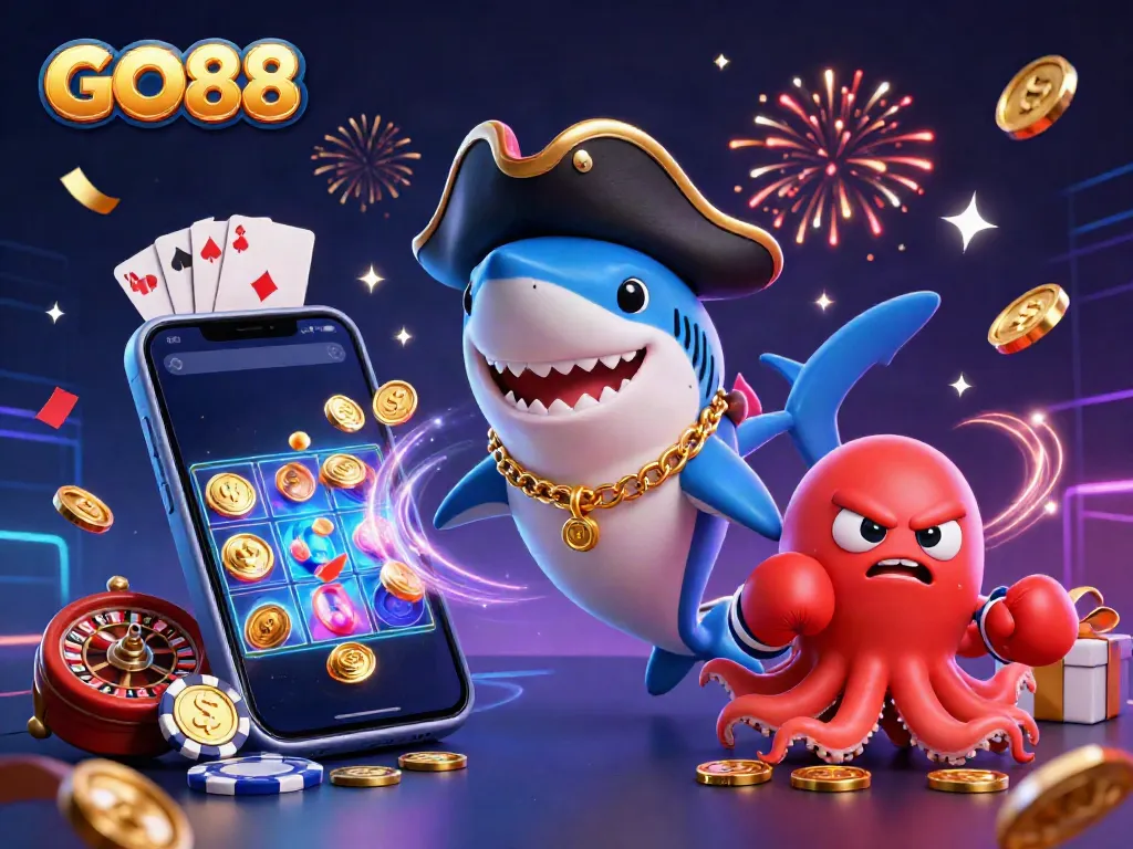 GO88 pirate shark and friends enjoying colorful slot game, celebrating with coins and confetti.