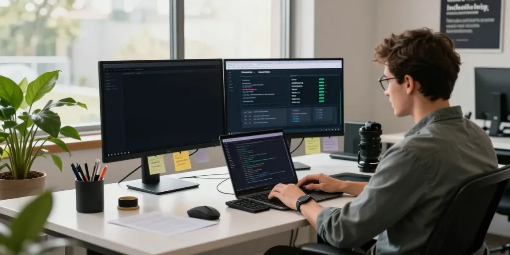 Professional workspace showing instant indexing in web development with dual monitors and coding setup.