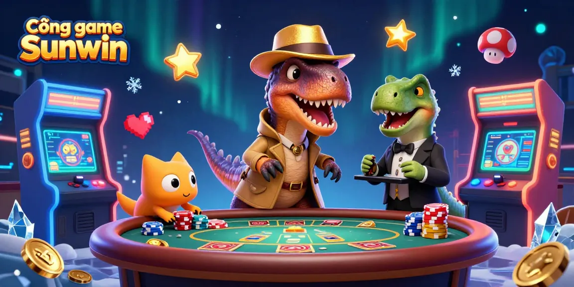 Cổng game Sunwin showcases a whimsical 3D casino scene with animated dinosaur characters and vibrant game elements.