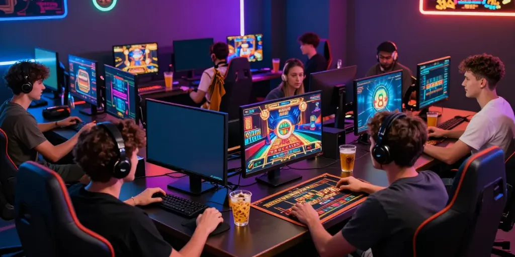 Exciting gaming scene at http://sin88-onl.com/ showcasing friends enjoying a vibrant casino experience together.