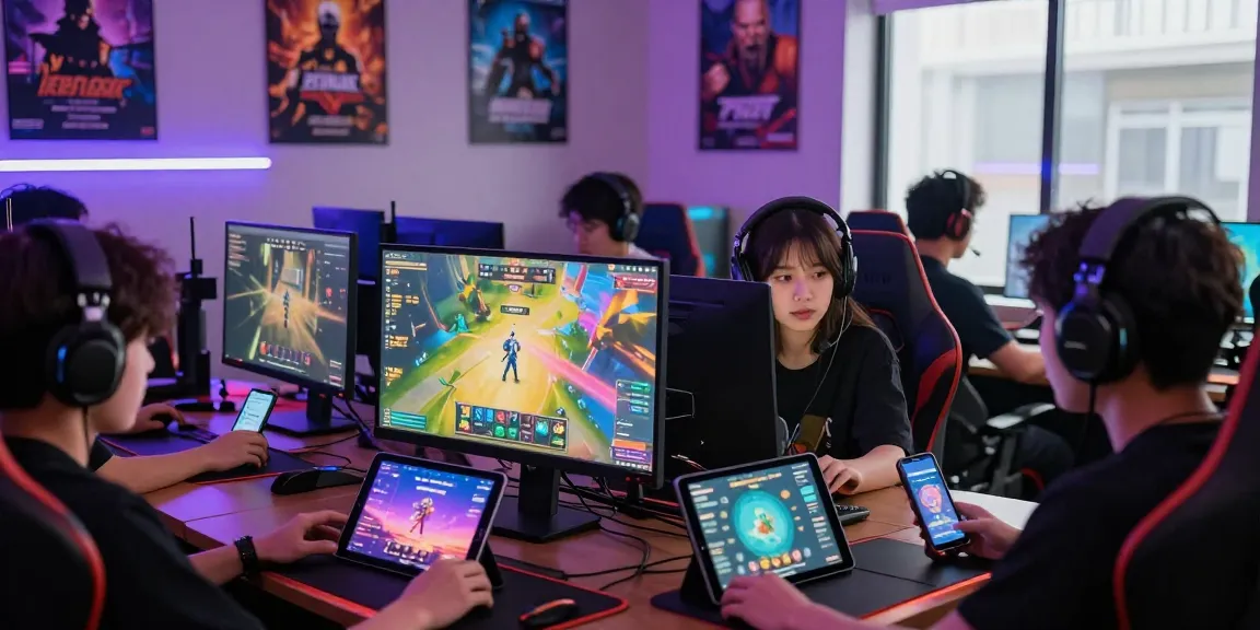 Engaged gamers enjoying diverse online porn games on various devices in a modern gaming room.