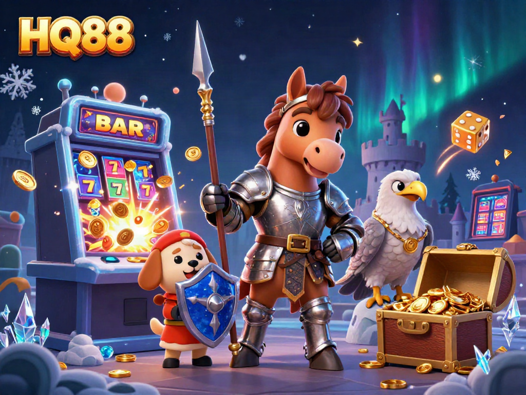 Engage in thrilling gameplay with HQ88's vibrant gambling scene featuring slot machines and animated characters.