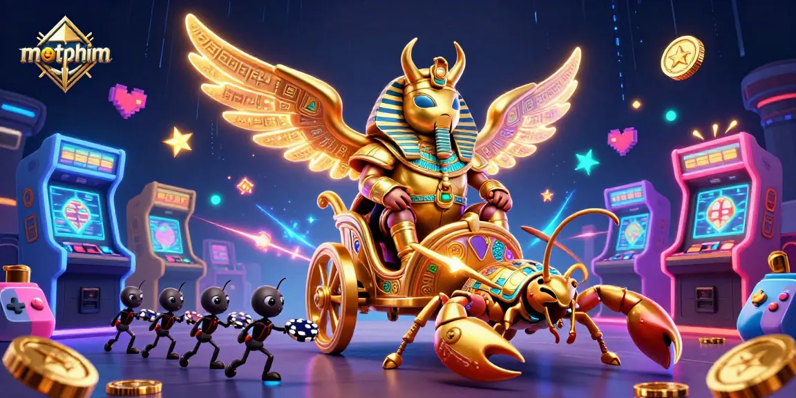 Experience motphim through an action-packed scene with a golden scarab in a casino adventure.