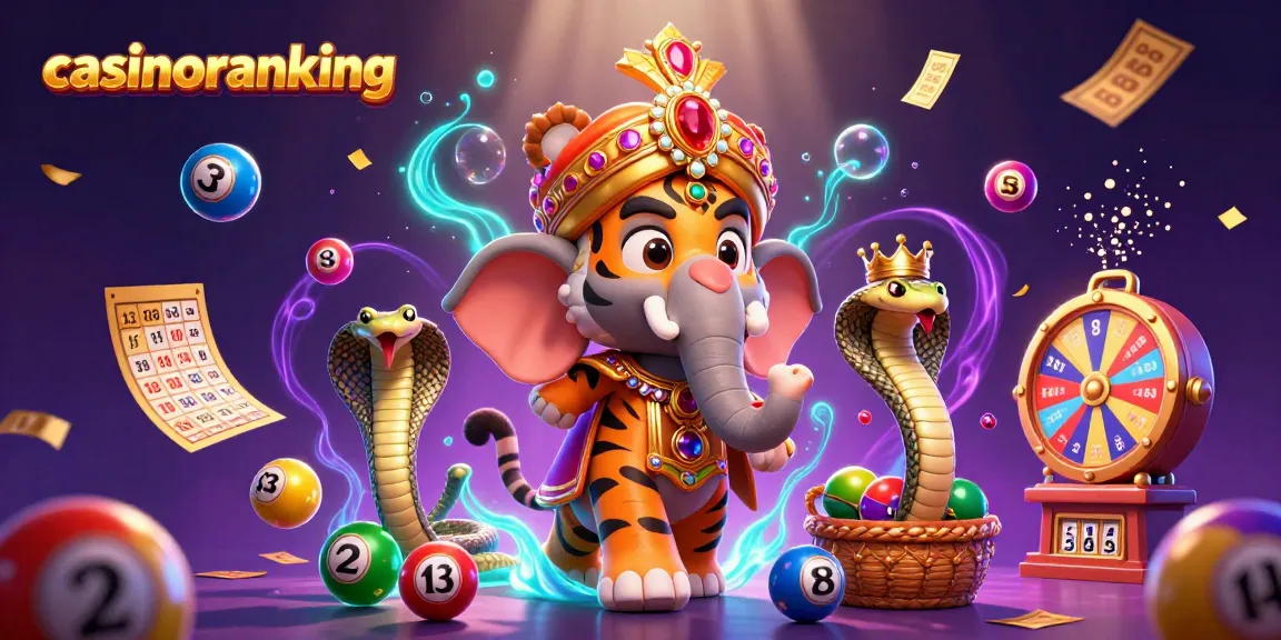 Experience casinoranking with vibrant 3D illustration featuring an elephant and tiger with lottery elements.