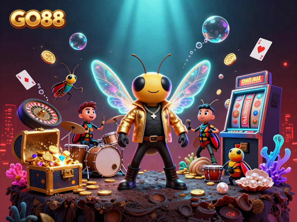 GO88 rocker character emerges with casino elements, showcasing immersive gambling atmosphere.