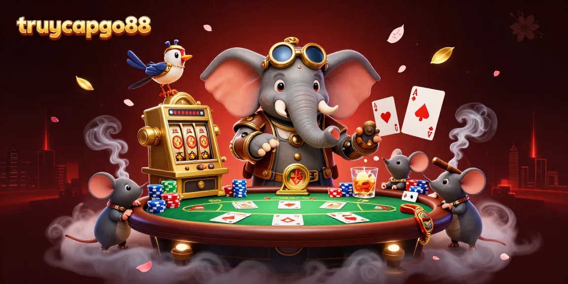 Experience the vibrant world of truycapgo88 featuring a steampunk elephant operating a golden slot machine.