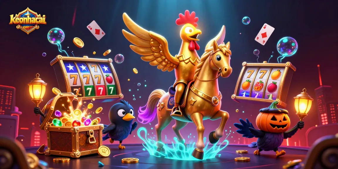 Engage in thrilling bets with keonhacai as a golden rooster navigates a vibrant casino.