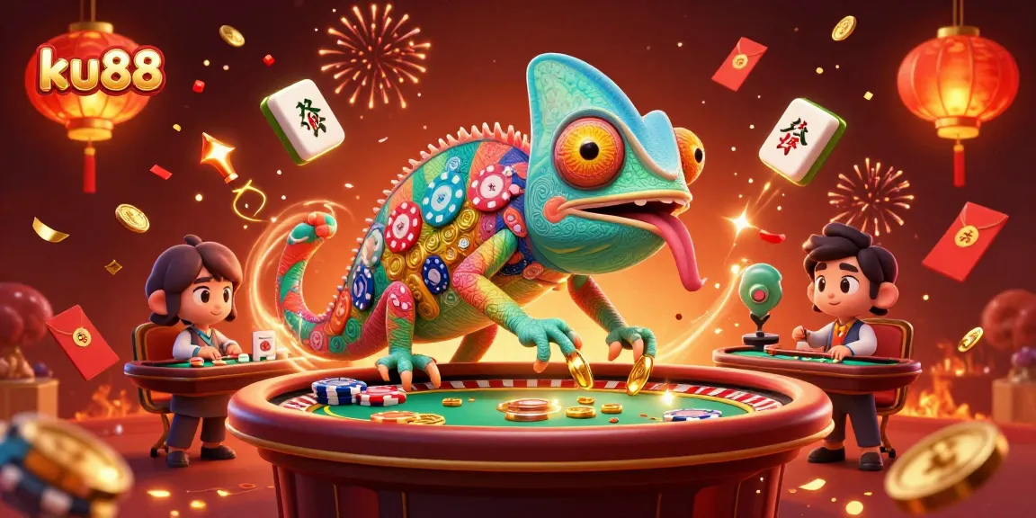 ku88 casino owner with colorful chameleon body, celebrating with festive elements and golden prizes.