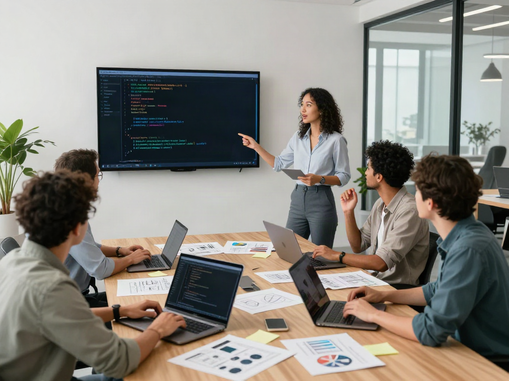 Look at this site with a team of developers collaborating in a modern workspace, showcasing creativity and teamwork.