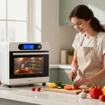 AI cooking gadgets in action, showcasing a chef using innovative kitchen tools amidst fresh ingredients