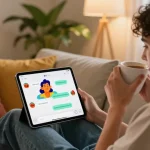 Engaging in a spicy chat with a friendly AI character in a cozy living room.