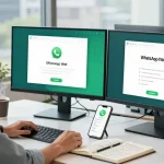 Professional using WhatsApp網頁版 on dual monitors in a modern office setting.